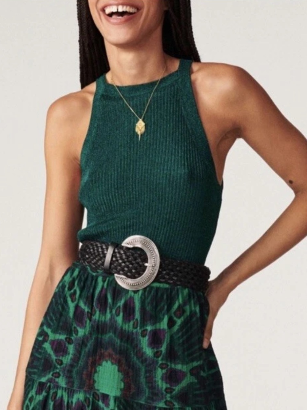 ba&sh Zichy Emerald Metallic Ribbed Top XS